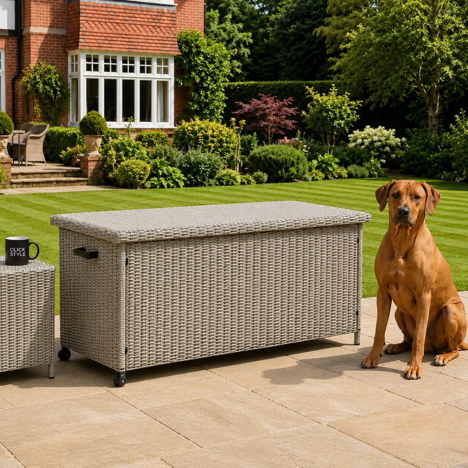 Small Slate Grey Rattan Effect 460L Weatherproof Outdoor Garden Cushion Storage Box with Wheels, Gas-Assisted Lid, UV-Protected PE Rattan and Powder-Coated Aluminium Frame | Click Style