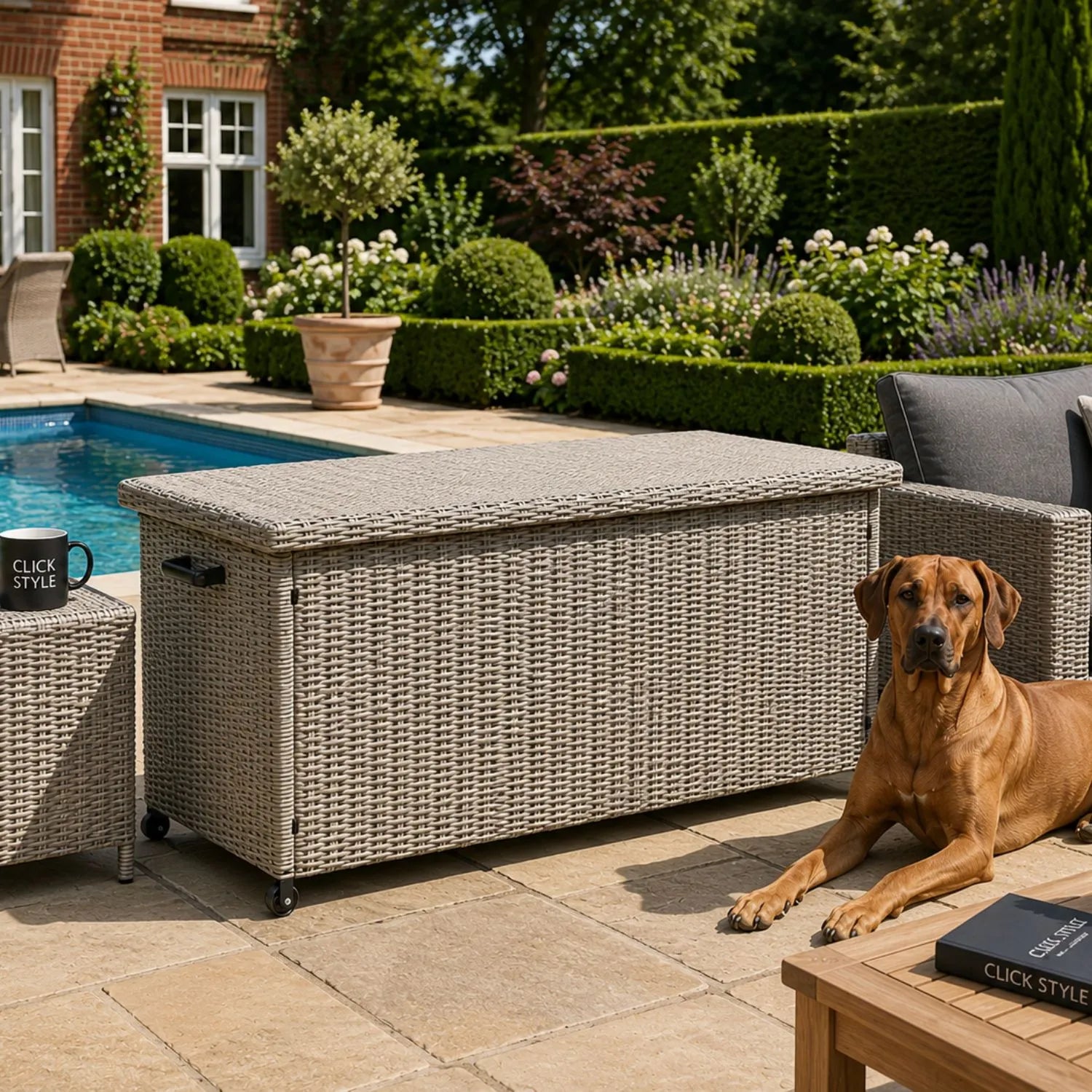 Small Stone Grey Rattan Effect 460L Weatherproof Outdoor Garden Cushion Storage Box with Wheels and Gas-Assisted Lid for Garden Furniture Cushions | Click Style
