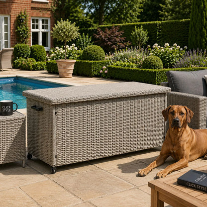 Small Stone Grey Rattan Effect 460L Weatherproof Outdoor Garden Cushion Storage Box with Wheels and Gas-Assisted Lid for Garden Furniture Cushions | Click Style