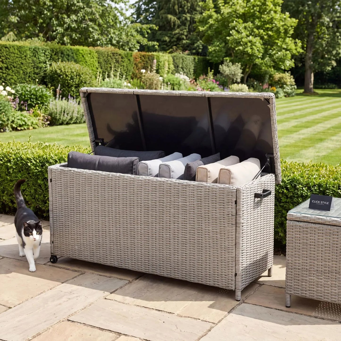 Small Stone Grey Rattan Effect 460L Weatherproof Outdoor Garden Cushion Storage Box with Wheels and Gas-Assisted Lid for Garden Furniture Cushions | Click Style