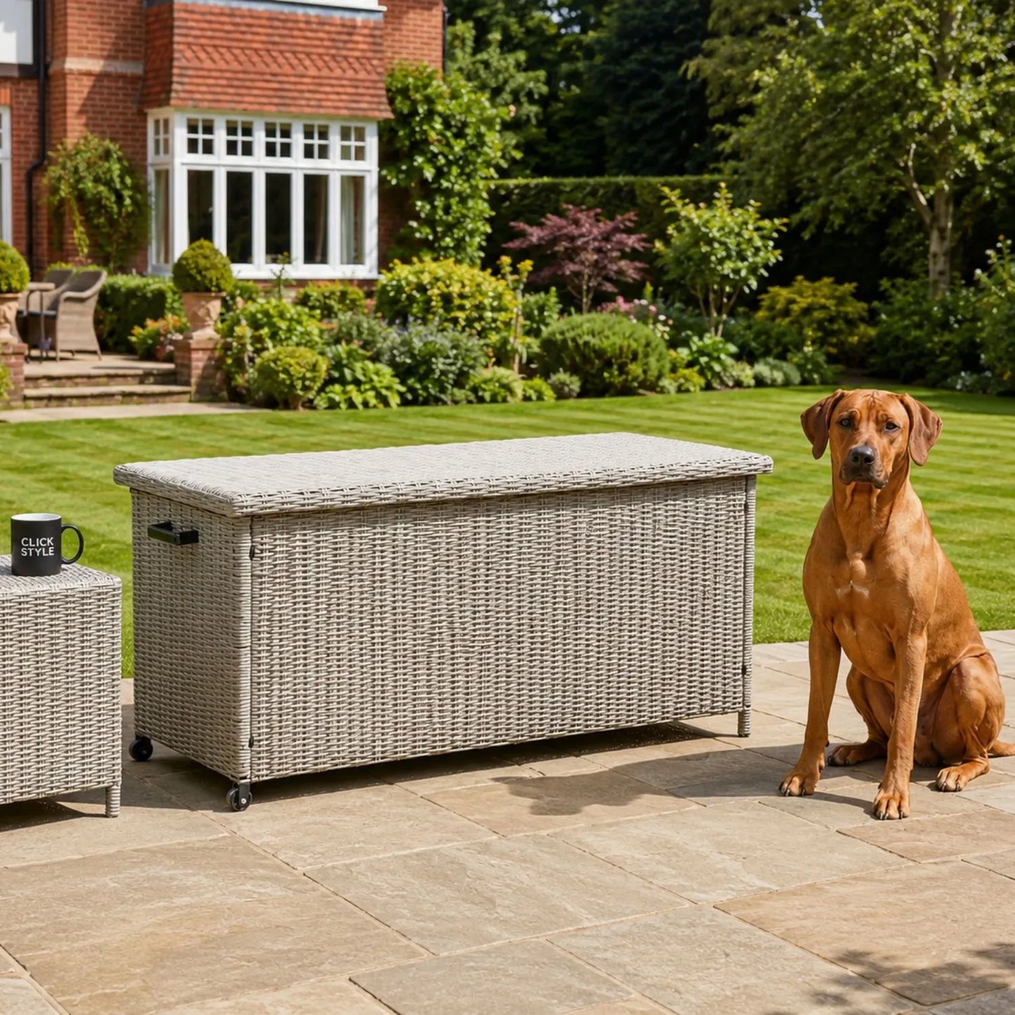 Small Stone Grey Rattan Effect 460L Weatherproof Outdoor Garden Cushion Storage Box with Wheels and Gas-Assisted Lid for Garden Furniture Cushions | Click Style