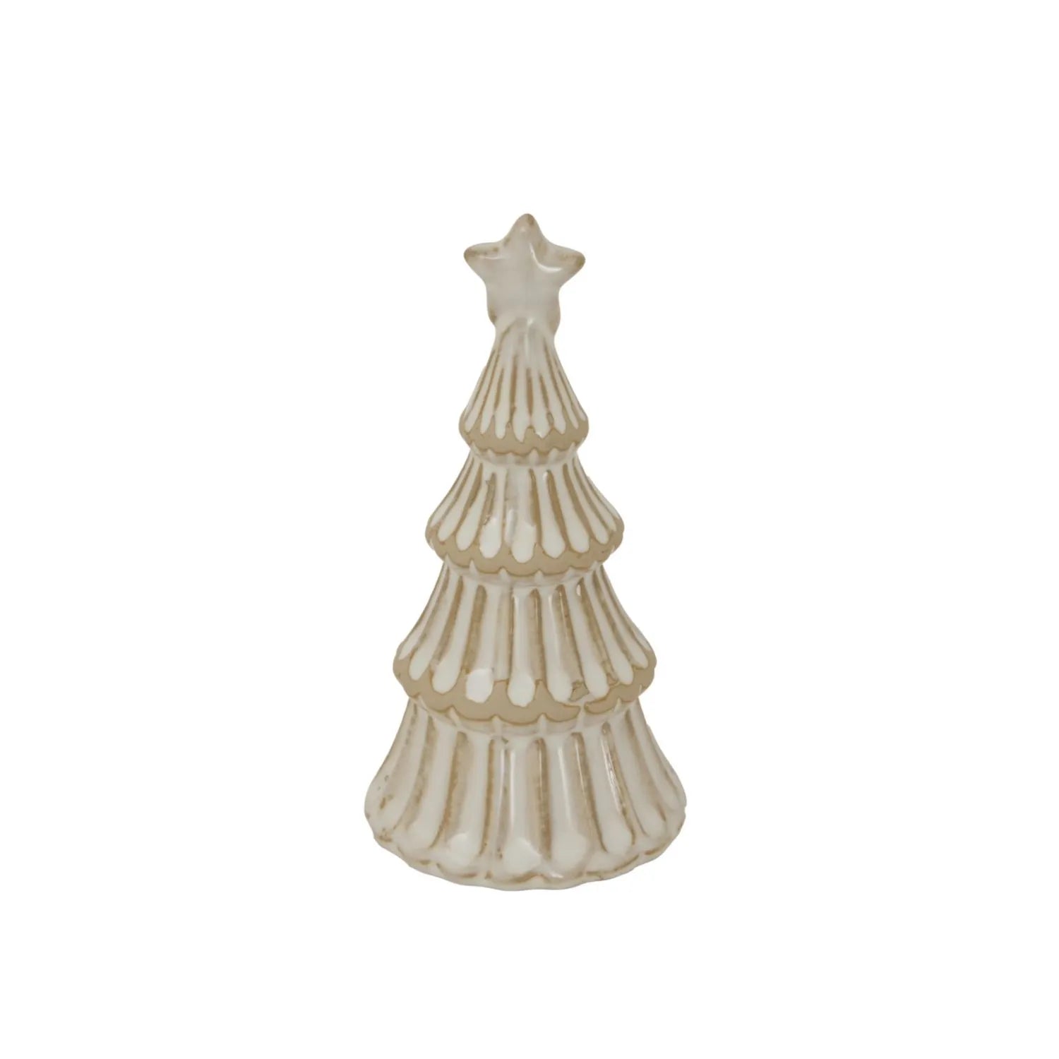 Small White Snowy Ceramic Layered Christmas Tree Ornament with Star Topper – Festive Decorative Ornament 13x6x6cm | Click Style