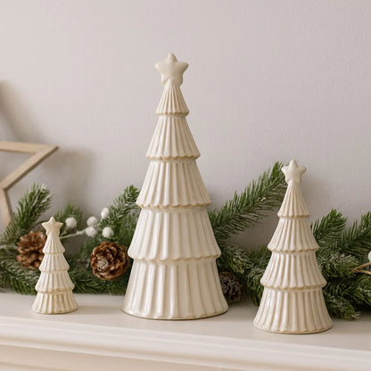 Small White Snowy Ceramic Layered Christmas Tree Ornament with Star Topper – Festive Decorative Ornament 13x6x6cm | Click Style