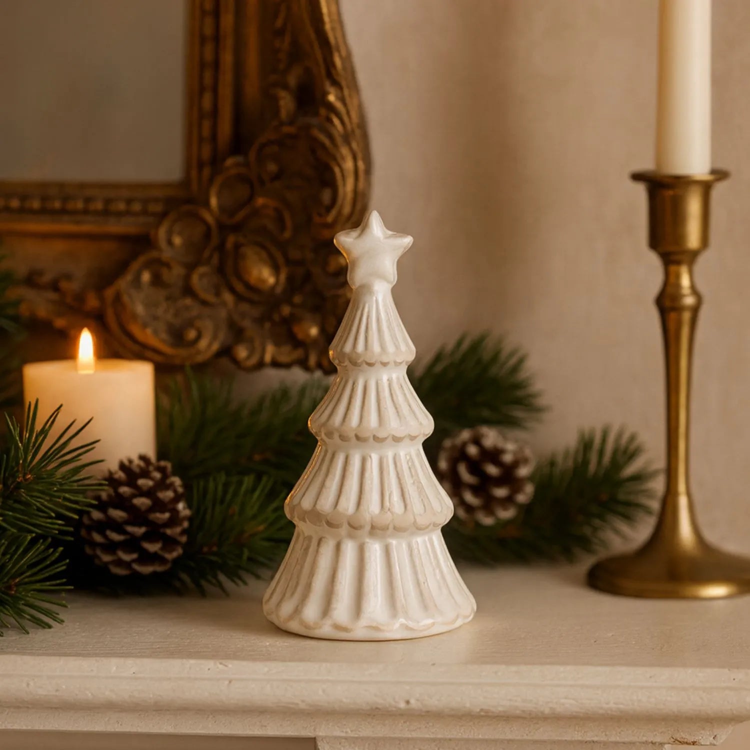 Small White Snowy Ceramic Layered Christmas Tree Ornament with Star Topper – Festive Decorative Ornament 13x6x6cm | Click Style