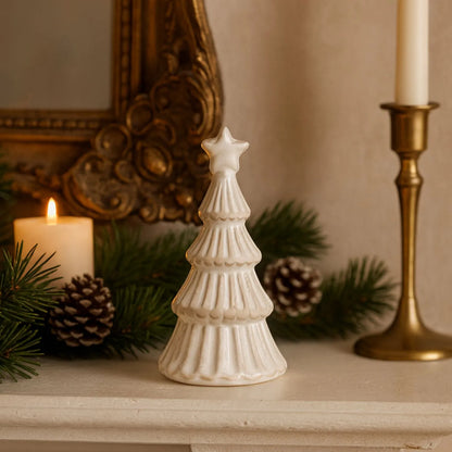 Small White Snowy Ceramic Layered Christmas Tree Ornament with Star Topper – Festive Decorative Ornament 13x6x6cm | Click Style