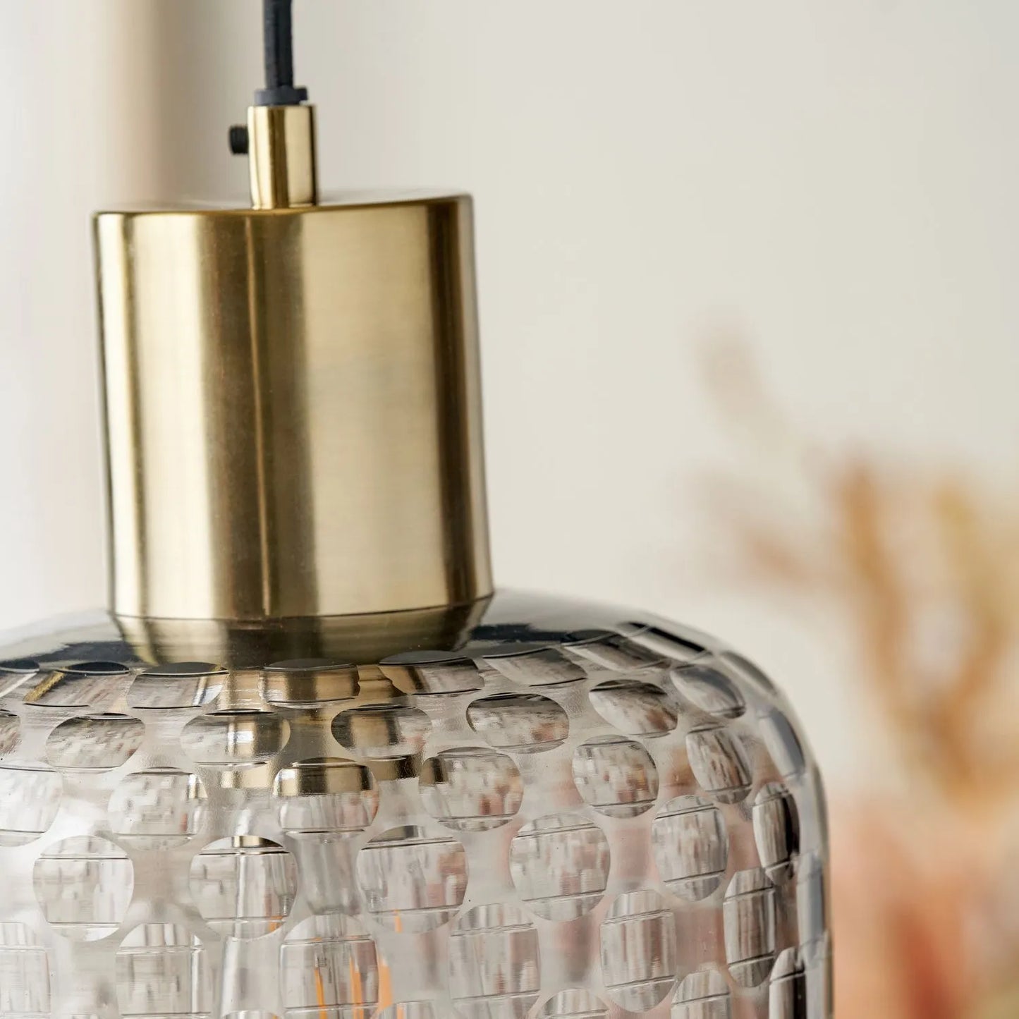 Smoked Grey Hand-Cut Glass Adjustable Pendant Ceiling Light with Antique Brass Fitting – Textured Circular Pattern Design 178x20x20cm | Click Style