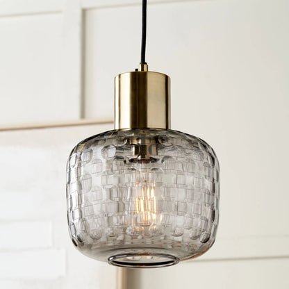 Smoked Grey Hand-Cut Glass Adjustable Pendant Ceiling Light with Antique Brass Fitting – Textured Circular Pattern Design 178x20x20cm | Click Style