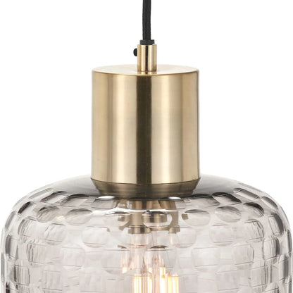 Smoked Grey Hand-Cut Glass Adjustable Pendant Ceiling Light with Antique Brass Fitting – Textured Circular Pattern Design 178x20x20cm | Click Style