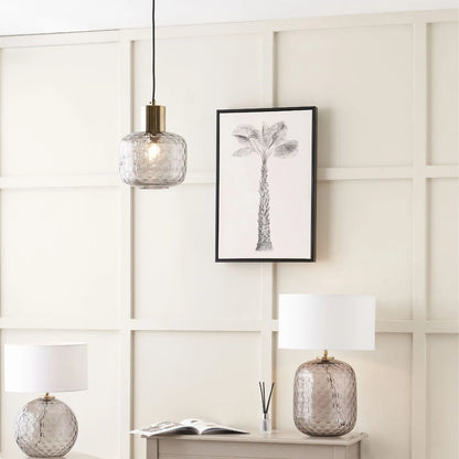 Smoked Grey Hand-Cut Glass Adjustable Pendant Ceiling Light with Antique Brass Fitting – Textured Circular Pattern Design 178x20x20cm