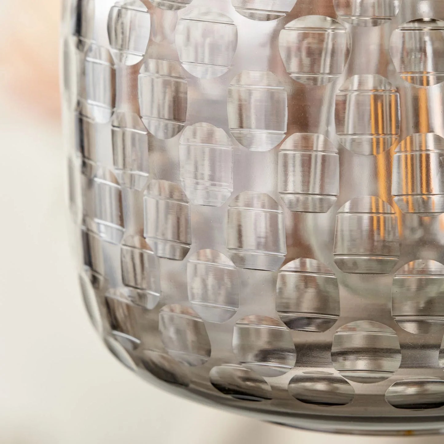 Smoked Grey Hand-Cut Glass Adjustable Pendant Ceiling Light with Antique Brass Fitting – Textured Circular Pattern Design 178x20x20cm | Click Style