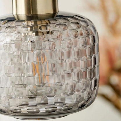 Smoked Grey Hand-Cut Glass Adjustable Pendant Ceiling Light with Antique Brass Fitting – Textured Circular Pattern Design 178x20x20cm | Click Style