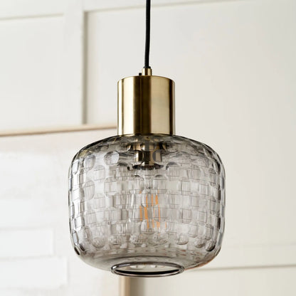 Smoked Grey Hand-Cut Glass Adjustable Pendant Ceiling Light with Antique Brass Fitting – Textured Circular Pattern Design 178x20x20cm | Click Style