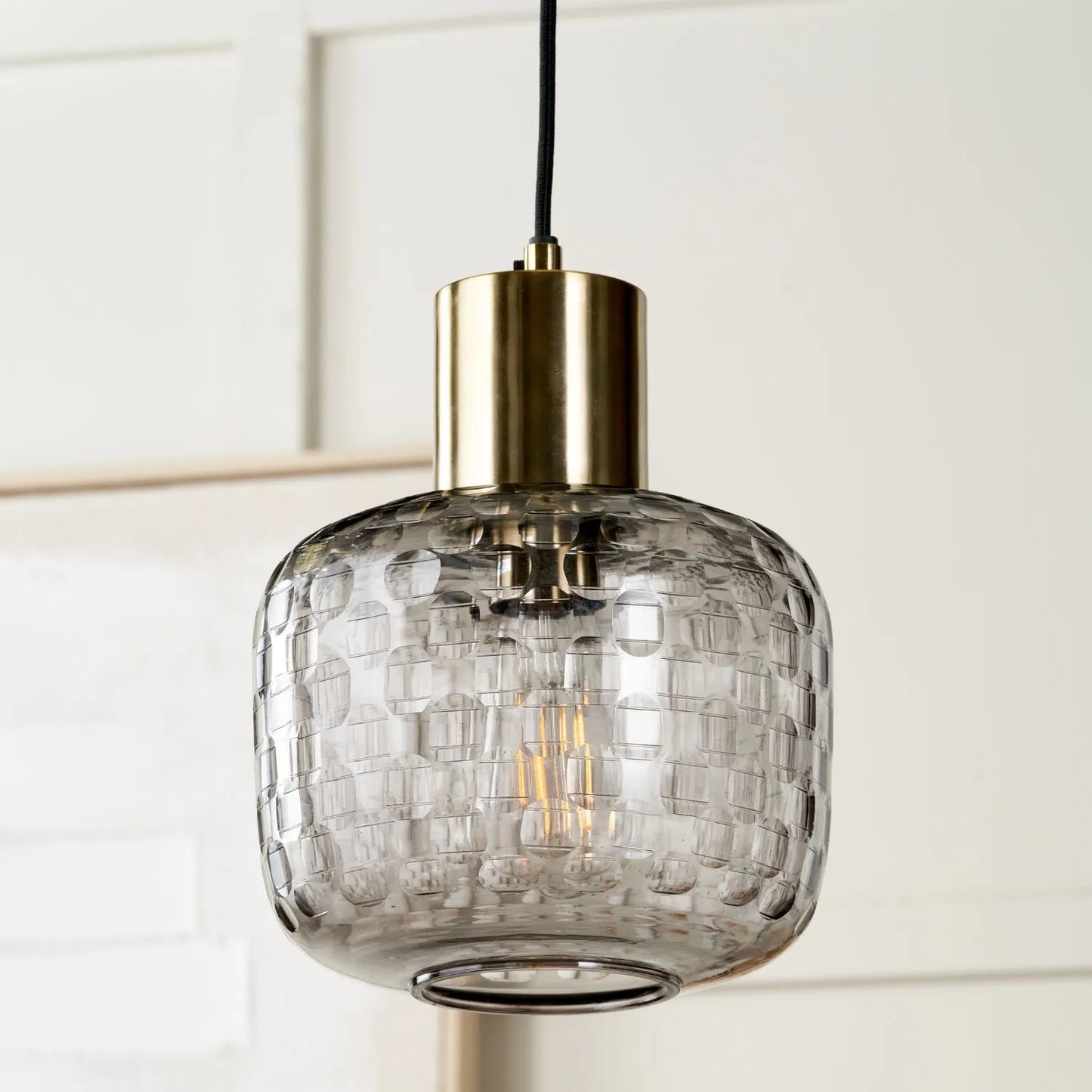 Smoked Grey Hand-Cut Glass Adjustable Pendant Ceiling Light with Antique Brass Fitting – Textured Circular Pattern Design 178x20x20cm | Click Style