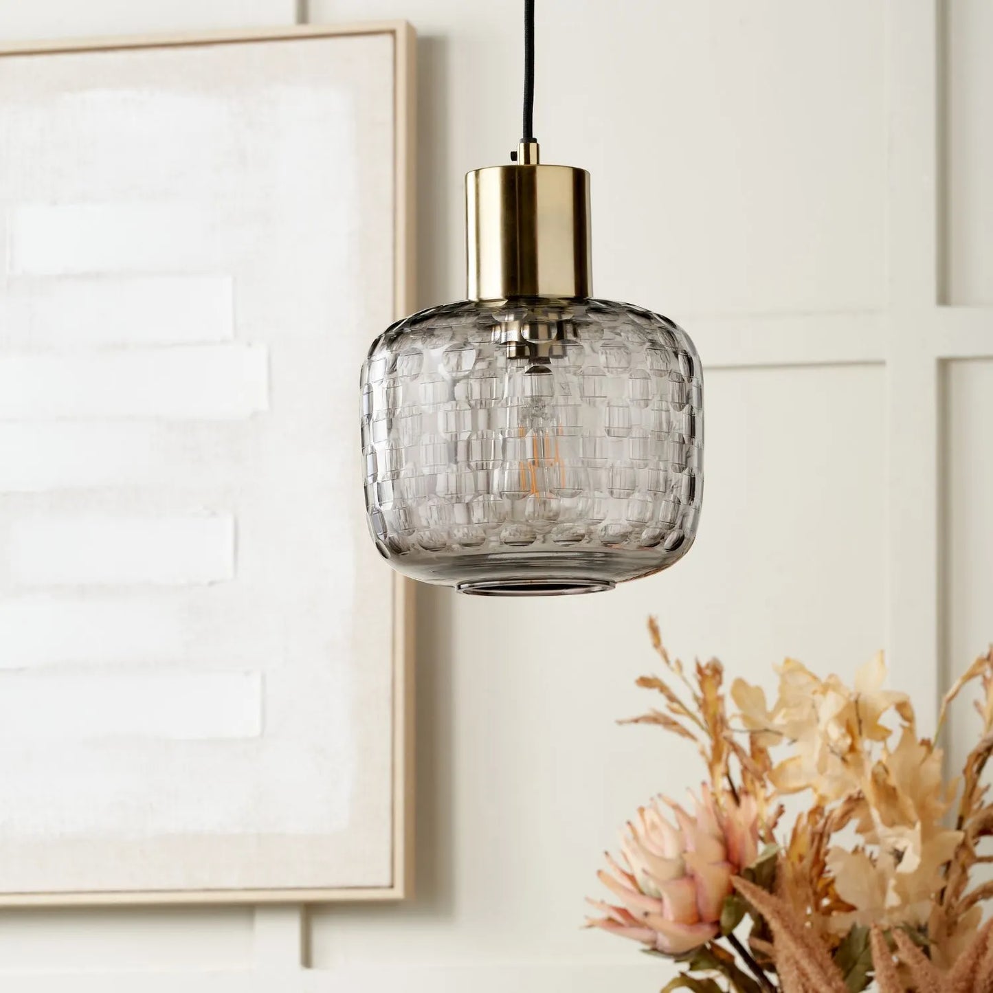 Smoked Grey Hand-Cut Glass Adjustable Pendant Ceiling Light with Antique Brass Fitting – Textured Circular Pattern Design 178x20x20cm | Click Style