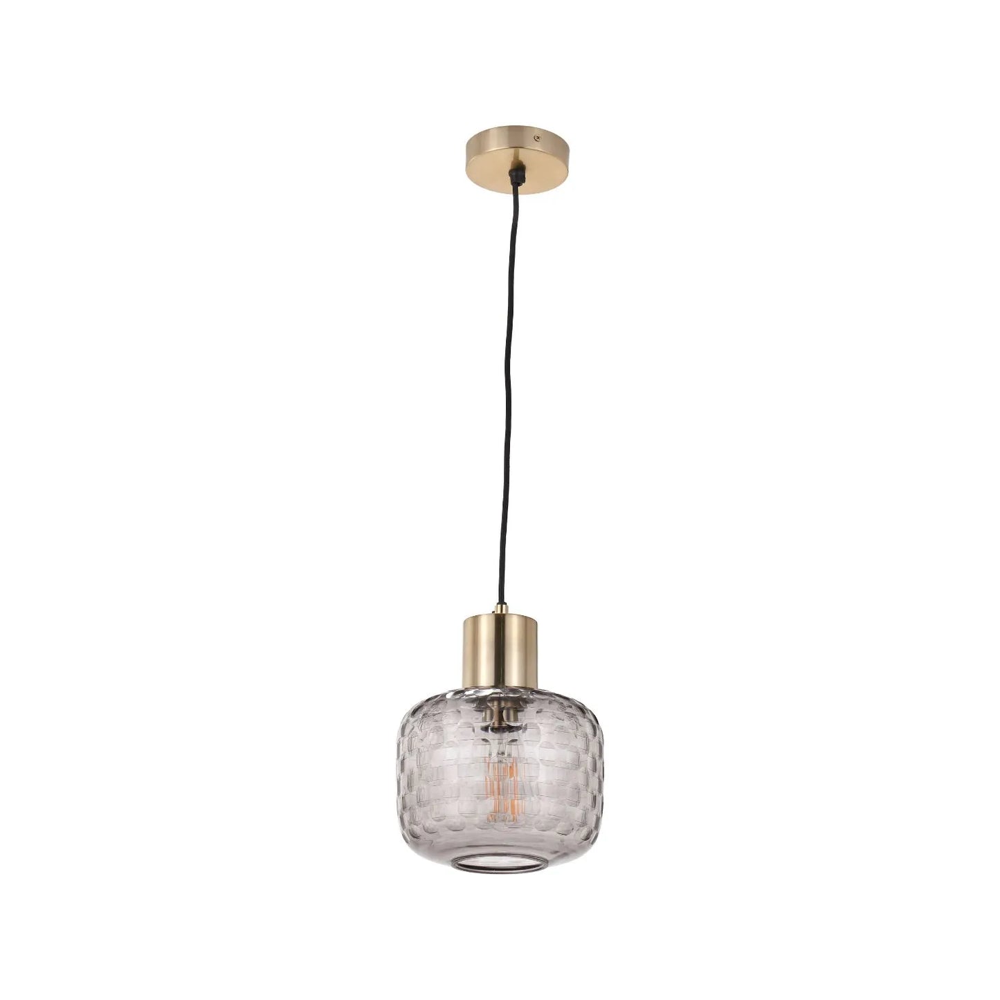 Smoked Grey Hand-Cut Glass Adjustable Pendant Ceiling Light with Antique Brass Fitting – Textured Circular Pattern Design 178x20x20cm | Click Style