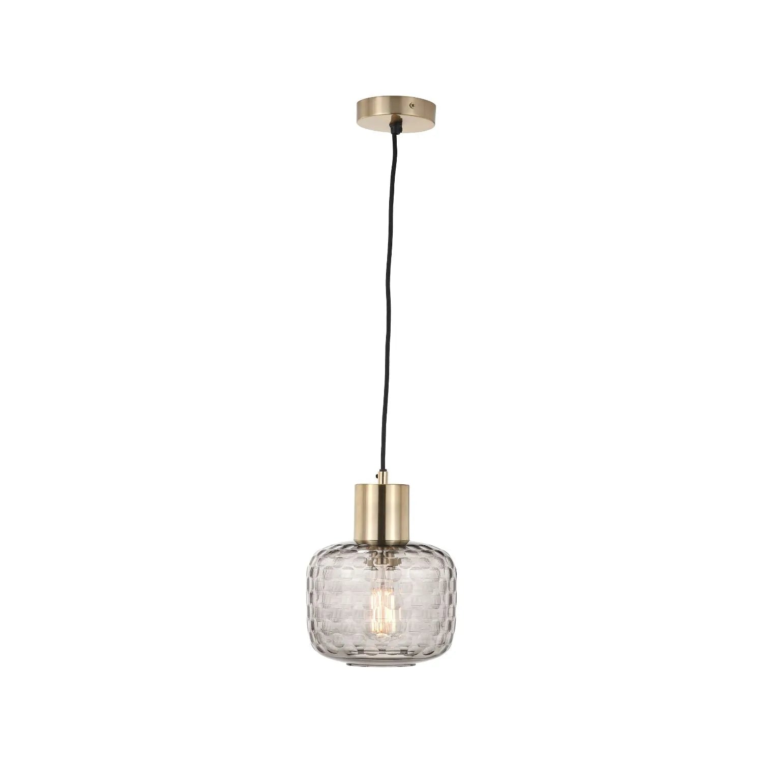 Smoked Grey Hand-Cut Glass Adjustable Pendant Ceiling Light with Antique Brass Fitting – Textured Circular Pattern Design 178x20x20cm | Click Style