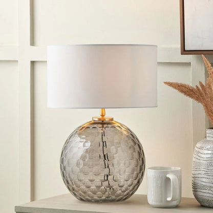 Smoked Grey Hand-Cut Glass Table Lamp Base with Antique Brass Fitting – Textured Circular Pattern Design 30x24x24cm | Click Style