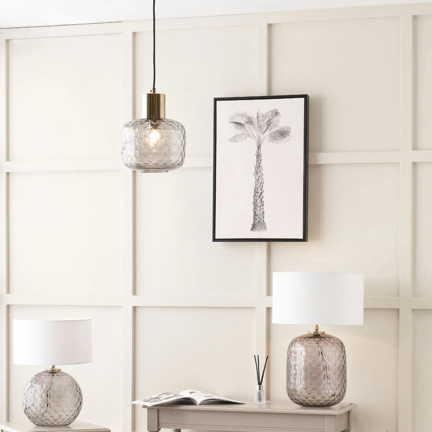 Smoked Grey Hand-Cut Glass Table Lamp Base with Antique Brass Fitting – Textured Circular Pattern Design 30x24x24cm | Click Style