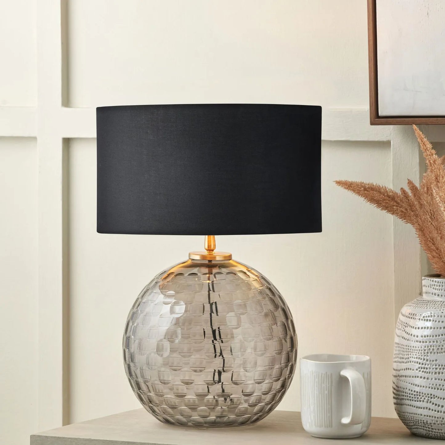 Smoked Grey Hand-Cut Glass Table Lamp Base with Antique Brass Fitting – Textured Circular Pattern Design 30x24x24cm | Click Style