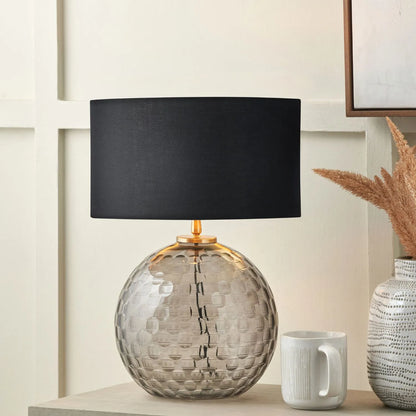 Smoked Grey Hand-Cut Glass Table Lamp Base with Antique Brass Fitting – Textured Circular Pattern Design 30x24x24cm | Click Style