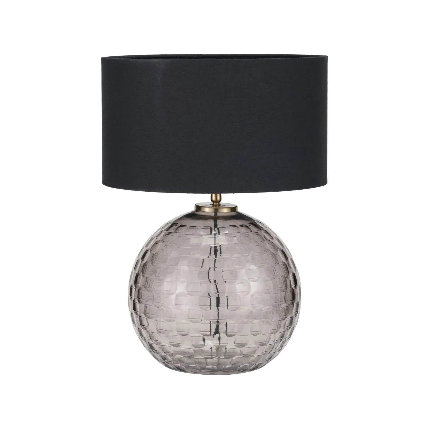 Smoked Grey Hand-Cut Glass Table Lamp with 30cm Black Cotton Drum Shade & Antique Brass Fitting – Textured Circular Pattern Design 43x30x30cm | Click Style
