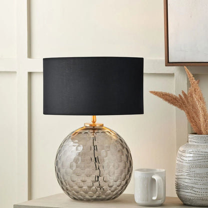 Smoked Grey Hand-Cut Glass Table Lamp with 30cm Black Cotton Drum Shade & Antique Brass Fitting – Textured Circular Pattern Design 43x30x30cm | Click Style