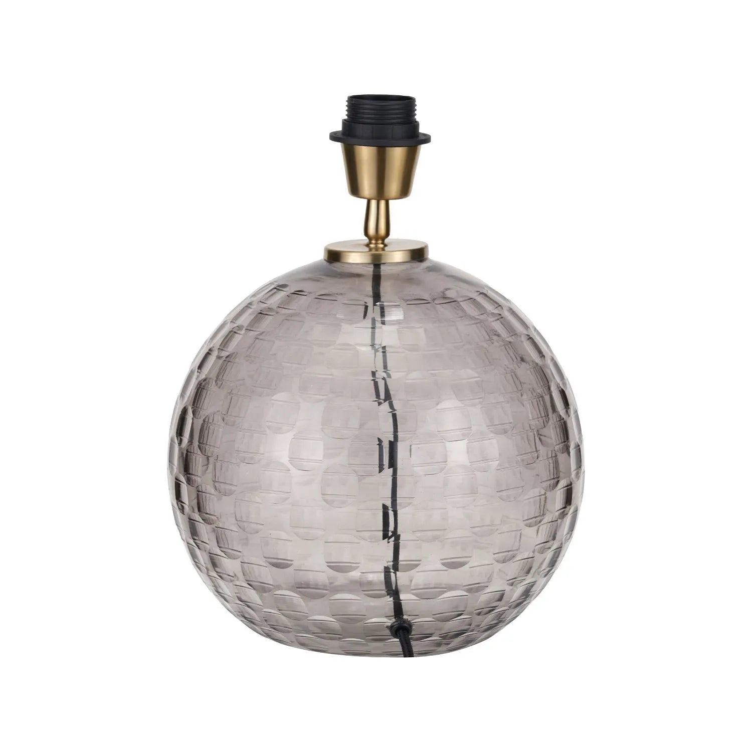 Smoked Grey Hand-Cut Glass Table Lamp with 30cm Black Slubbed Silk Gold-Lined Drum Shade & Antique Brass Fitting – Textured Circular Pattern Design 43x30x30cm | Click Style