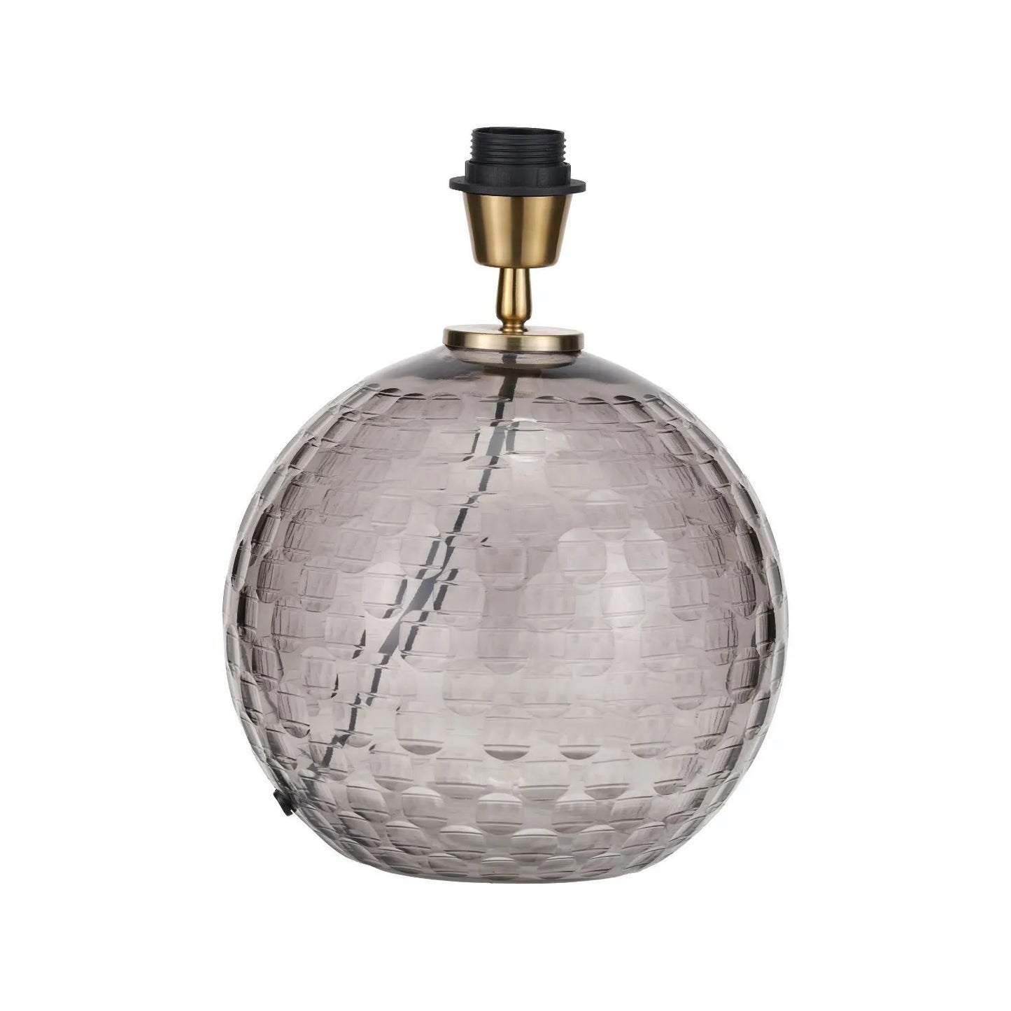 Smoked Grey Hand-Cut Glass Table Lamp with 30cm Black Slubbed Silk Gold-Lined Drum Shade & Antique Brass Fitting – Textured Circular Pattern Design 43x30x30cm | Click Style