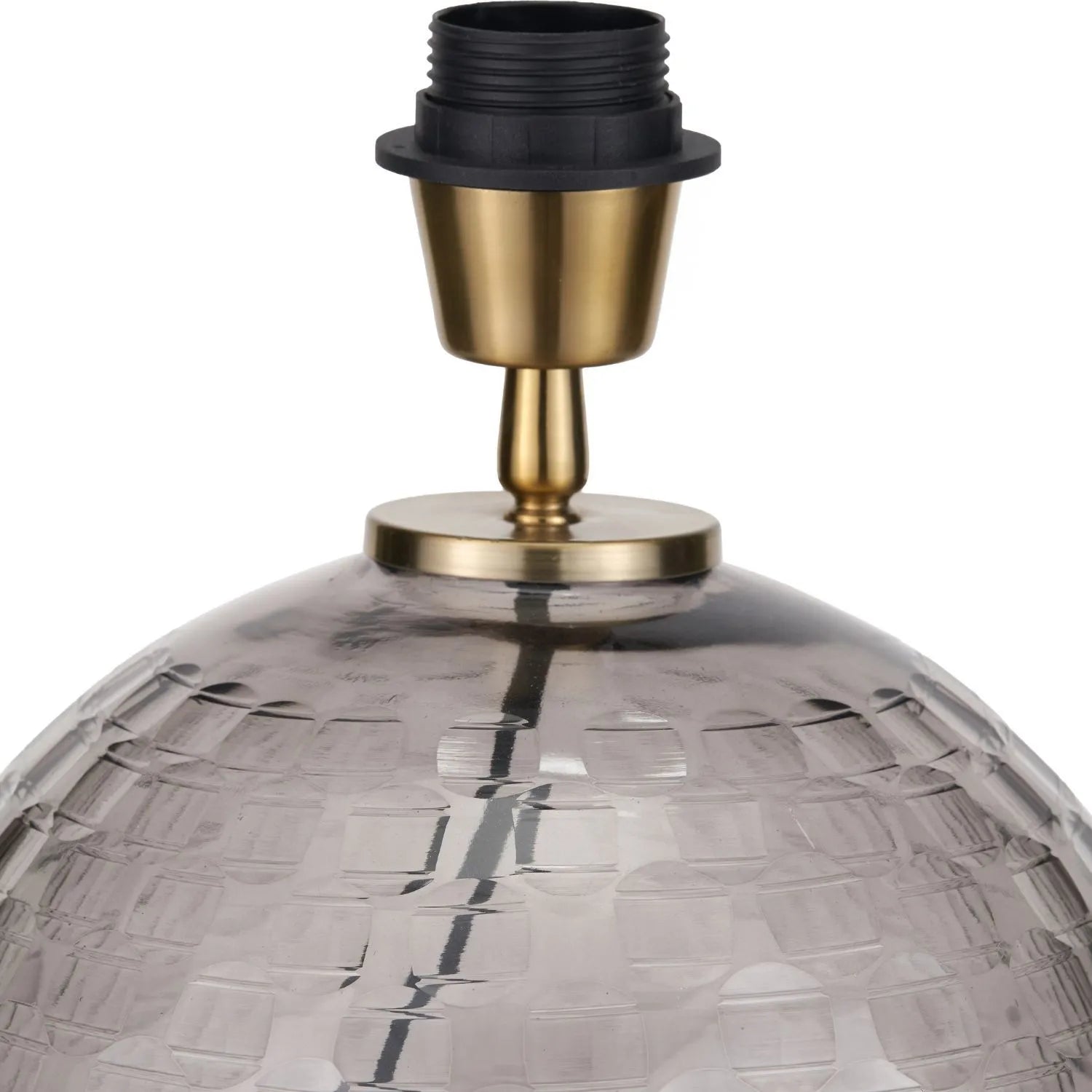 Smoked Grey Hand-Cut Glass Table Lamp with 30cm Black Slubbed Silk Gold-Lined Drum Shade & Antique Brass Fitting – Textured Circular Pattern Design 43x30x30cm | Click Style
