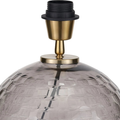 Smoked Grey Hand-Cut Glass Table Lamp with 30cm Black Slubbed Silk Gold-Lined Drum Shade & Antique Brass Fitting – Textured Circular Pattern Design 43x30x30cm | Click Style