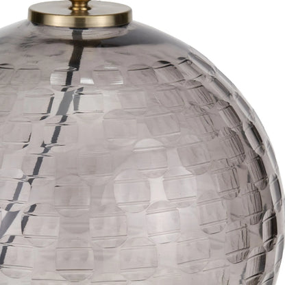 Smoked Grey Hand-Cut Glass Table Lamp with 30cm Black Slubbed Silk Gold-Lined Drum Shade & Antique Brass Fitting – Textured Circular Pattern Design 43x30x30cm | Click Style