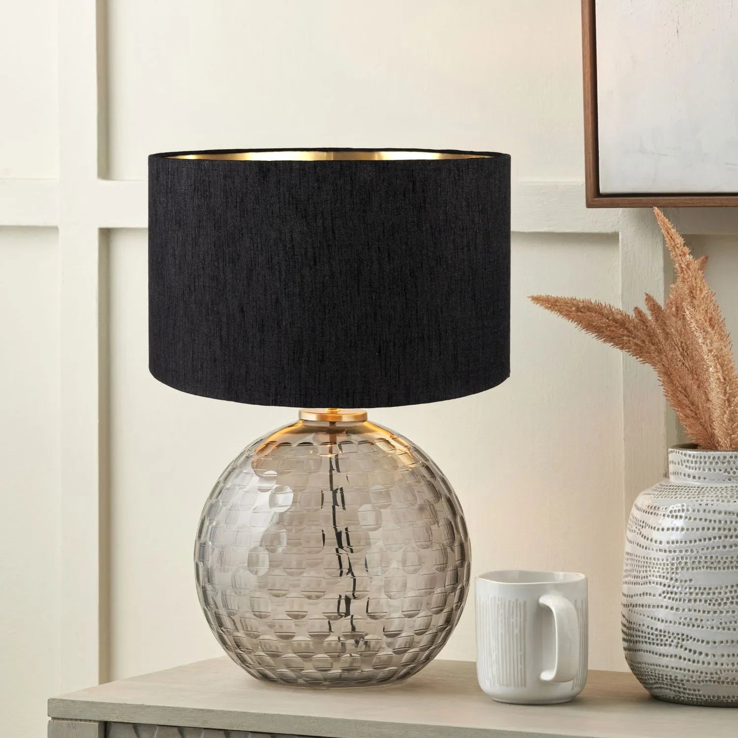 Smoked Grey Hand-Cut Glass Table Lamp with 30cm Black Slubbed Silk Gold-Lined Drum Shade & Antique Brass Fitting – Textured Circular Pattern Design 43x30x30cm | Click Style