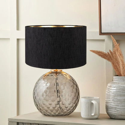 Smoked Grey Hand-Cut Glass Table Lamp with 30cm Black Slubbed Silk Gold-Lined Drum Shade & Antique Brass Fitting – Textured Circular Pattern Design 43x30x30cm | Click Style