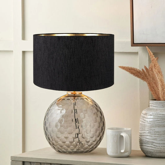 Smoked Grey Hand-Cut Glass Table Lamp with 30cm Black Slubbed Silk Gold-Lined Drum Shade & Antique Brass Fitting – Textured Circular Pattern Design 43x30x30cm | Click Style