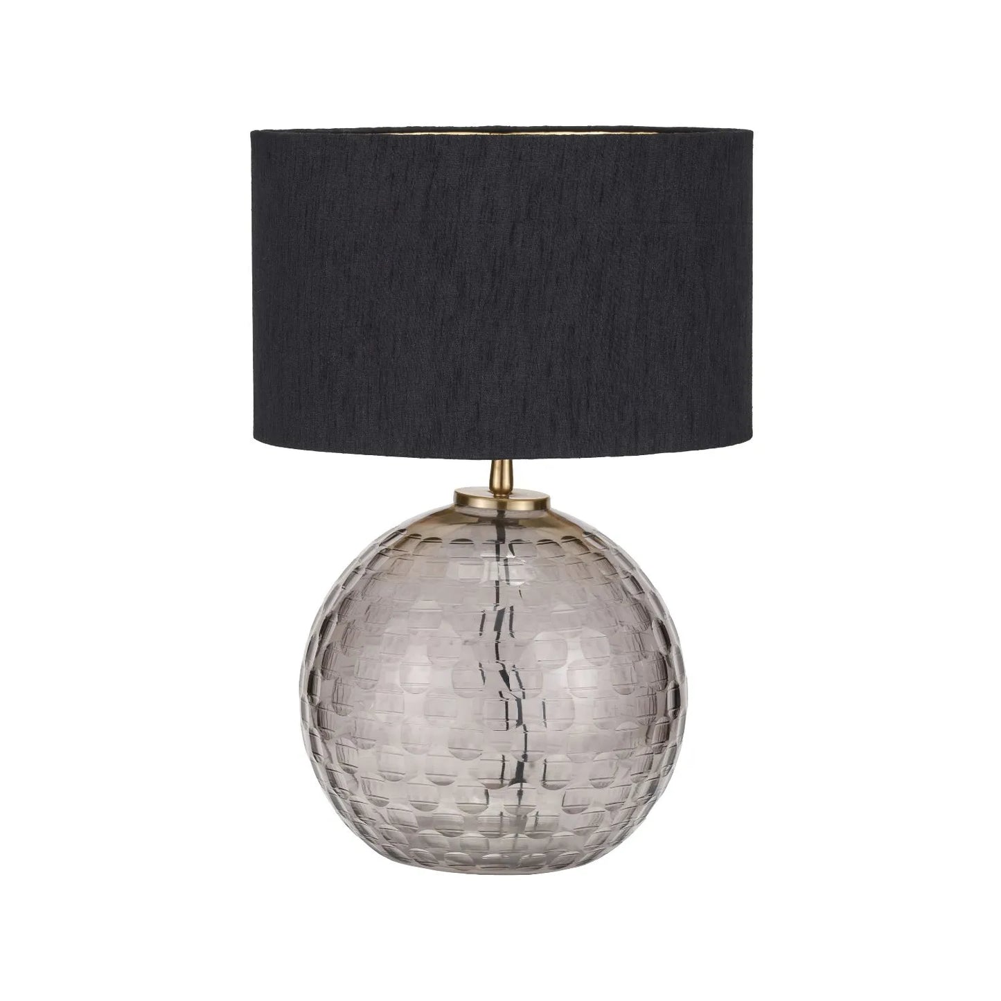 Smoked Grey Hand-Cut Glass Table Lamp with 30cm Black Slubbed Silk Gold-Lined Drum Shade & Antique Brass Fitting – Textured Circular Pattern Design 43x30x30cm | Click Style