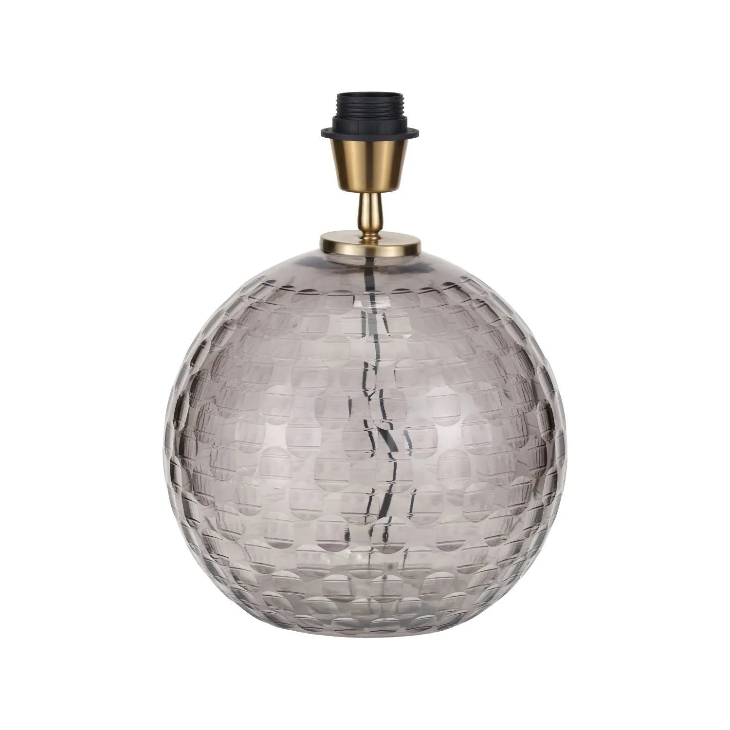 Smoked Grey Hand-Cut Glass Table Lamp with 30cm Black Slubbed Silk Gold-Lined Drum Shade & Antique Brass Fitting – Textured Circular Pattern Design 43x30x30cm | Click Style