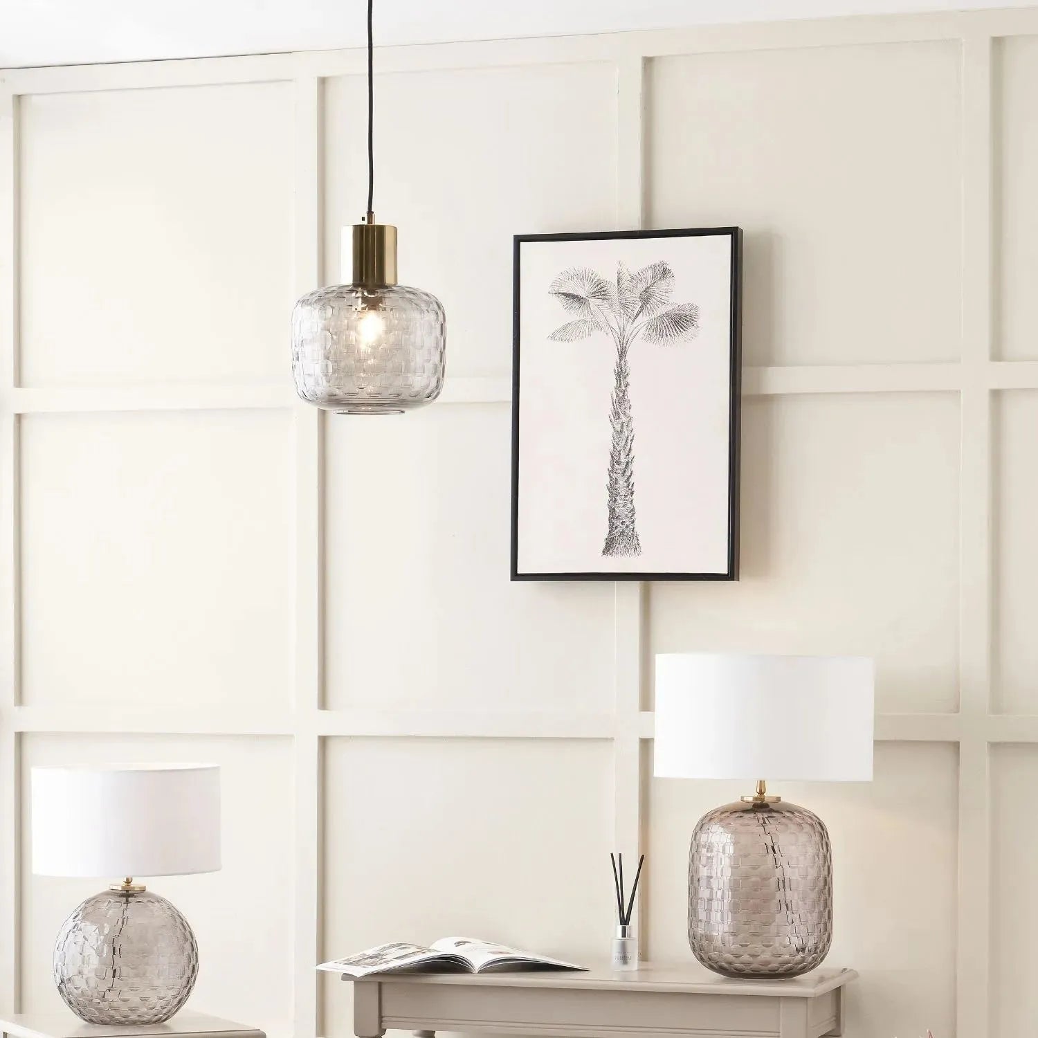 Smoked Grey Hand-Cut Glass Table Lamp with 30cm Ivory Cotton Drum Shade & Antique Brass Fitting – Textured Circular Pattern Design 43x30x30cm | Click Style