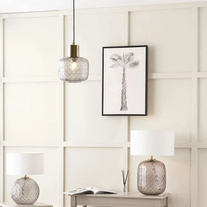 Smoked Grey Hand-Cut Glass Table Lamp with 30cm Ivory Cotton Drum Shade & Antique Brass Fitting – Textured Circular Pattern Design 43x30x30cm | Click Style