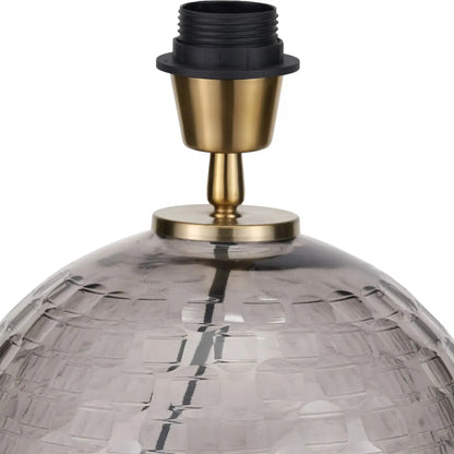 Smoked Grey Hand-Cut Glass Table Lamp with 30cm Ivory Cotton Drum Shade & Antique Brass Fitting – Textured Circular Pattern Design 43x30x30cm | Click Style