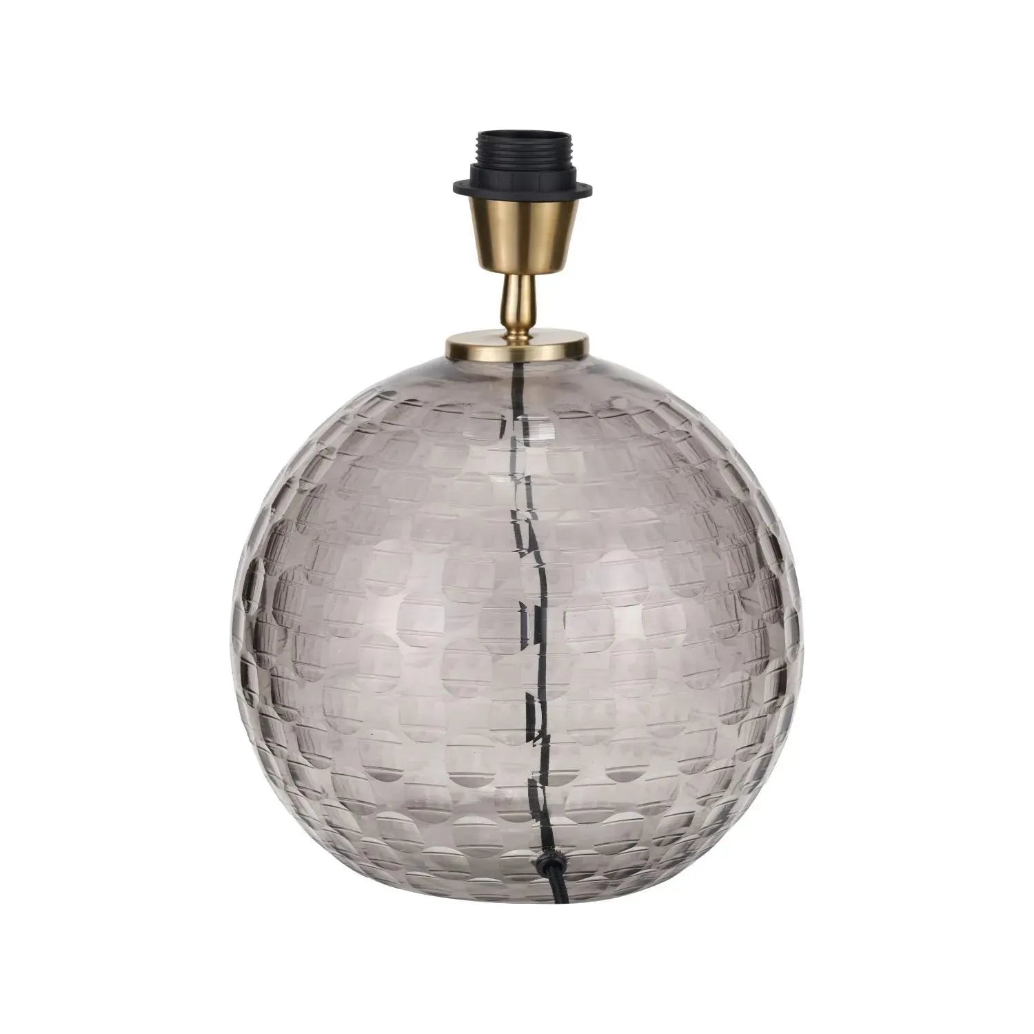 Smoked Grey Hand-Cut Glass Table Lamp with 30cm Ivory Cotton Drum Shade & Antique Brass Fitting – Textured Circular Pattern Design 43x30x30cm | Click Style