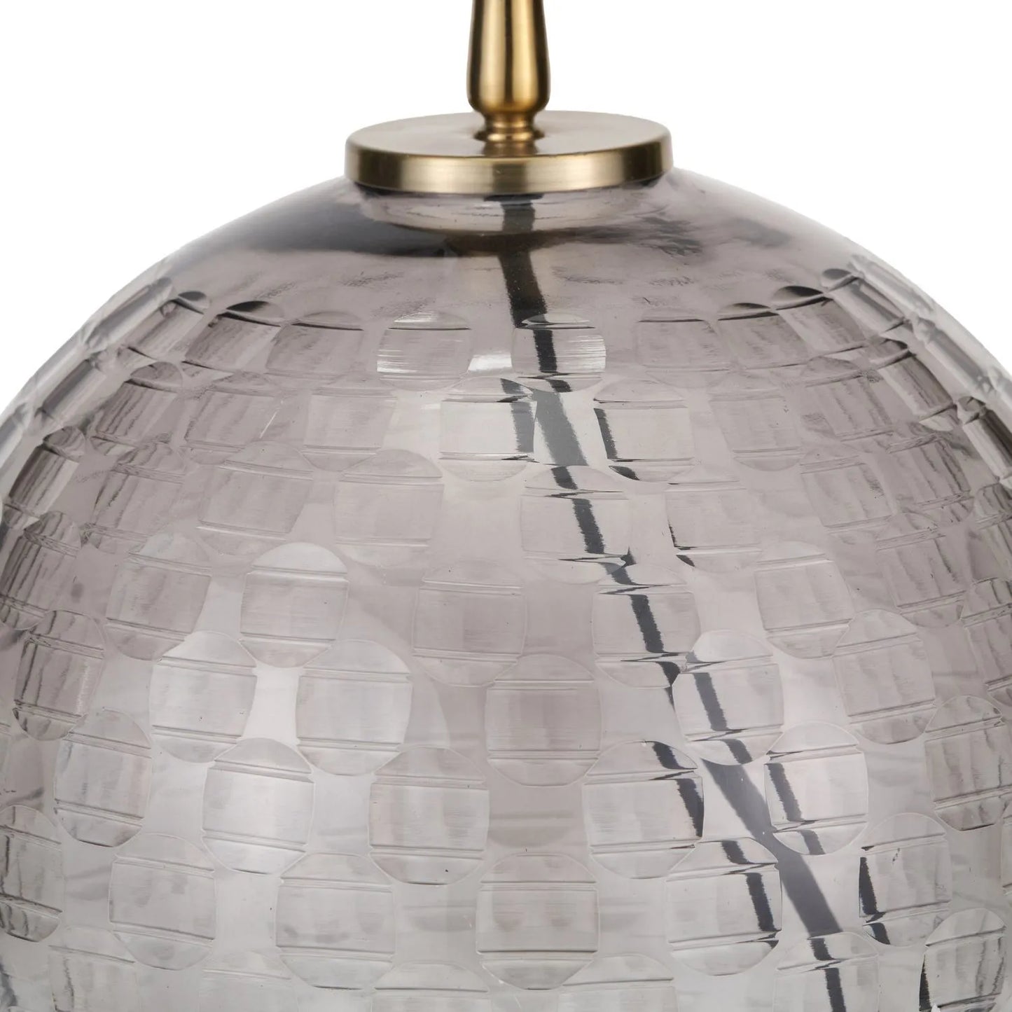 Smoked Grey Hand-Cut Glass Table Lamp with 30cm Ivory Cotton Drum Shade & Antique Brass Fitting – Textured Circular Pattern Design 43x30x30cm | Click Style
