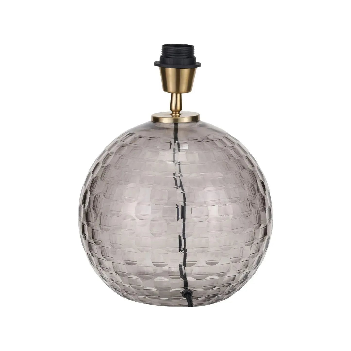 Smoked Grey Hand-Cut Glass Table Lamp with 30cm Ivory Cotton Drum Shade & Antique Brass Fitting – Textured Circular Pattern Design 43x30x30cm | Click Style