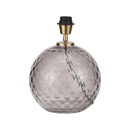 Smoked Grey Hand-Cut Glass Table Lamp with 30cm Ivory Cotton Drum Shade & Antique Brass Fitting – Textured Circular Pattern Design 43x30x30cm | Click Style