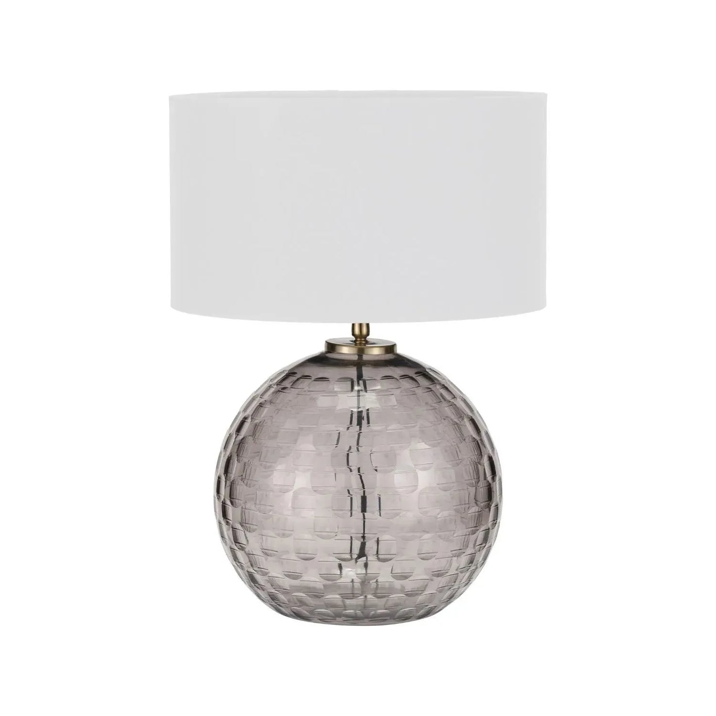 Smoked Grey Hand-Cut Glass Table Lamp with 30cm Ivory Cotton Drum Shade & Antique Brass Fitting – Textured Circular Pattern Design 43x30x30cm | Click Style