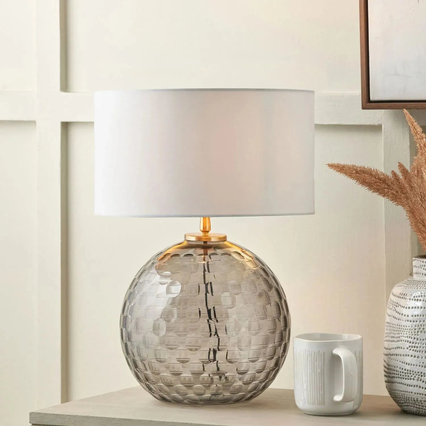 Smoked Grey Hand-Cut Glass Table Lamp with 30cm Ivory Cotton Drum Shade & Antique Brass Fitting – Textured Circular Pattern Design 43x30x30cm | Click Style