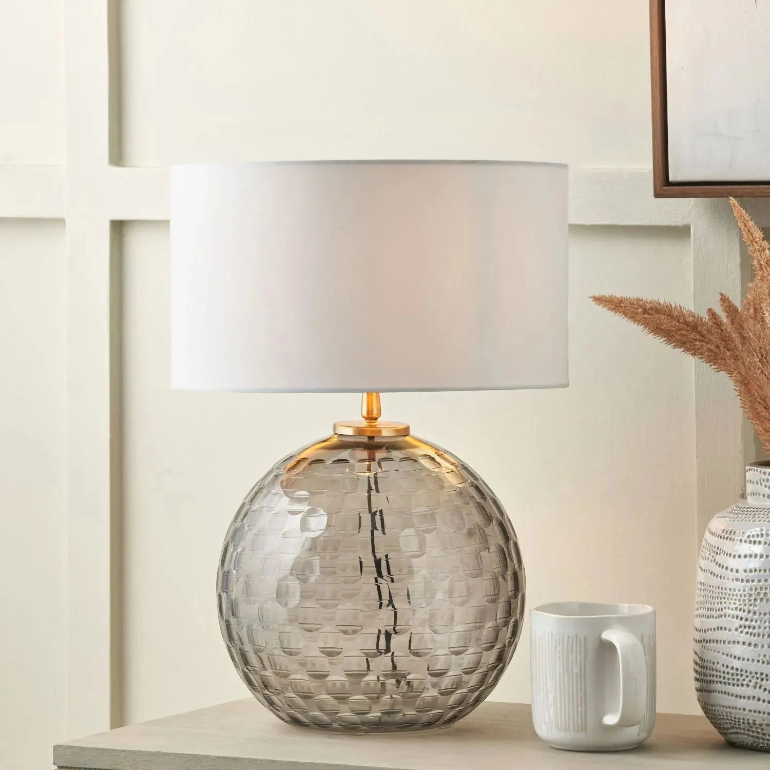 Smoked Grey Hand-Cut Glass Table Lamp with 30cm Ivory Cotton Drum Shade & Antique Brass Fitting – Textured Circular Pattern Design 43x30x30cm | Click Style