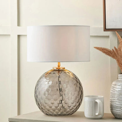 Smoked Grey Hand-Cut Glass Table Lamp with 30cm Ivory Cotton Drum Shade & Antique Brass Fitting – Textured Circular Pattern Design 43x30x30cm | Click Style