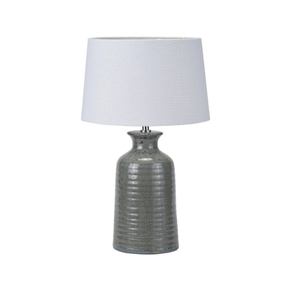 Smokey Green Ribbed Ceramic Table Lamp with White Tapered Cotton Shade & Reactive Glaze Finish – Sculptural Bottle-Shaped Table Light 49x30x30cm | Click Style