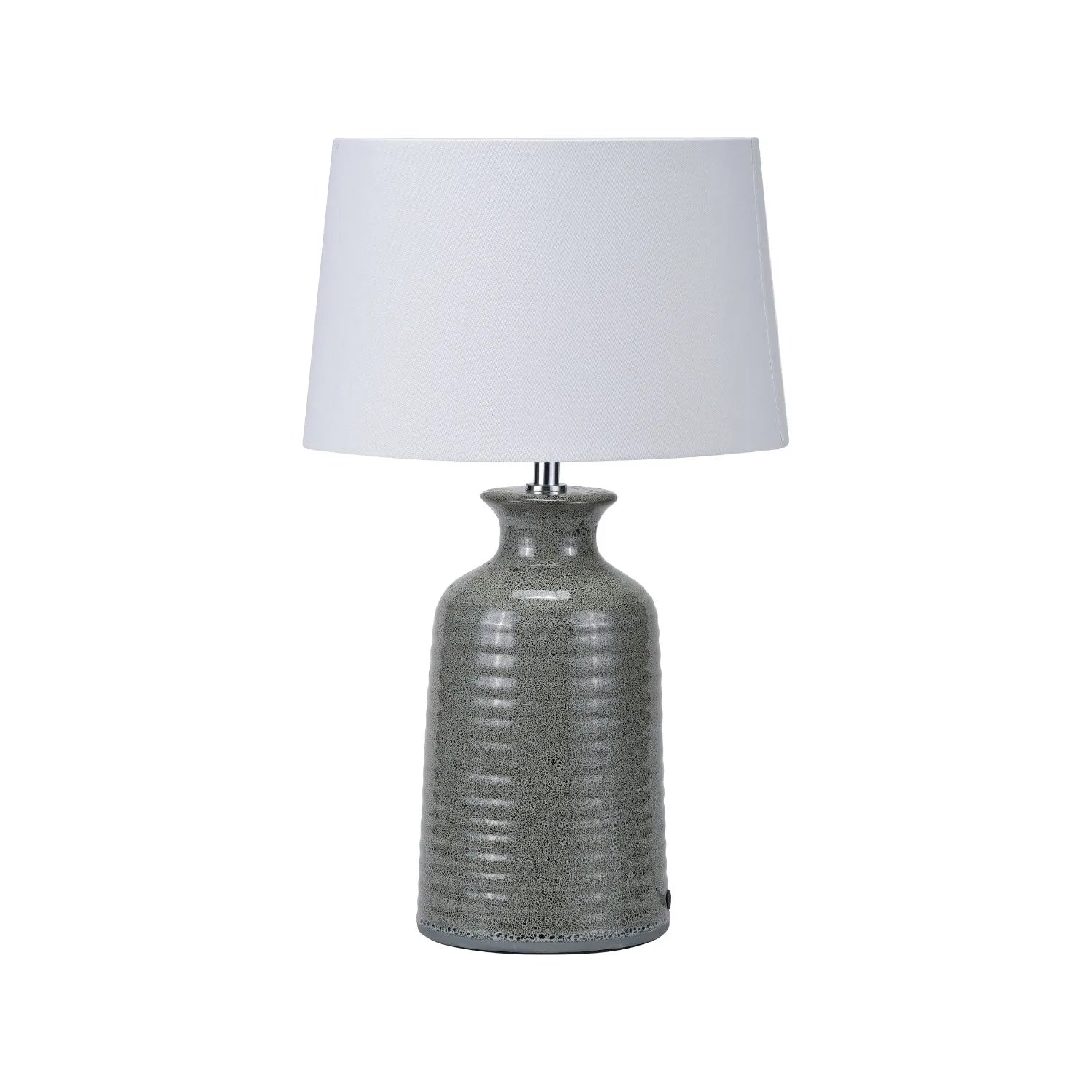 Smokey Green Ribbed Ceramic Table Lamp with White Tapered Cotton Shade & Reactive Glaze Finish – Sculptural Bottle-Shaped Table Light 49x30x30cm | Click Style