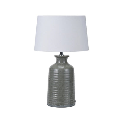 Smokey Green Ribbed Ceramic Table Lamp with White Tapered Cotton Shade & Reactive Glaze Finish – Sculptural Bottle-Shaped Table Light 49x30x30cm | Click Style